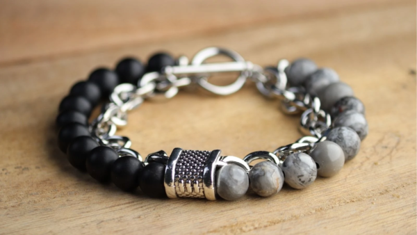 Dual Beaded & Silver Chain Men's Bracelet