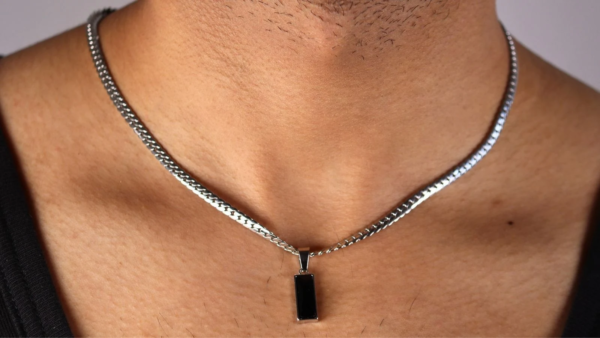 Men's Silver Chain Necklace with Black Rectangular Pendant